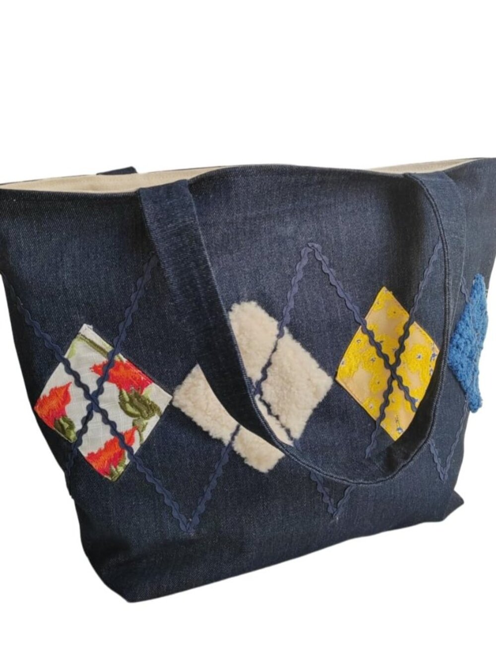 Tote Shoulder Patchwork Embroidery Linen Casual Shopping Bag for Grocery Travel